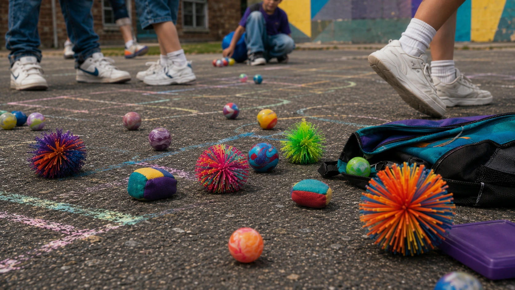 Colorful Koosh-style balls and rubber bouncy balls scattered across a school blacktop