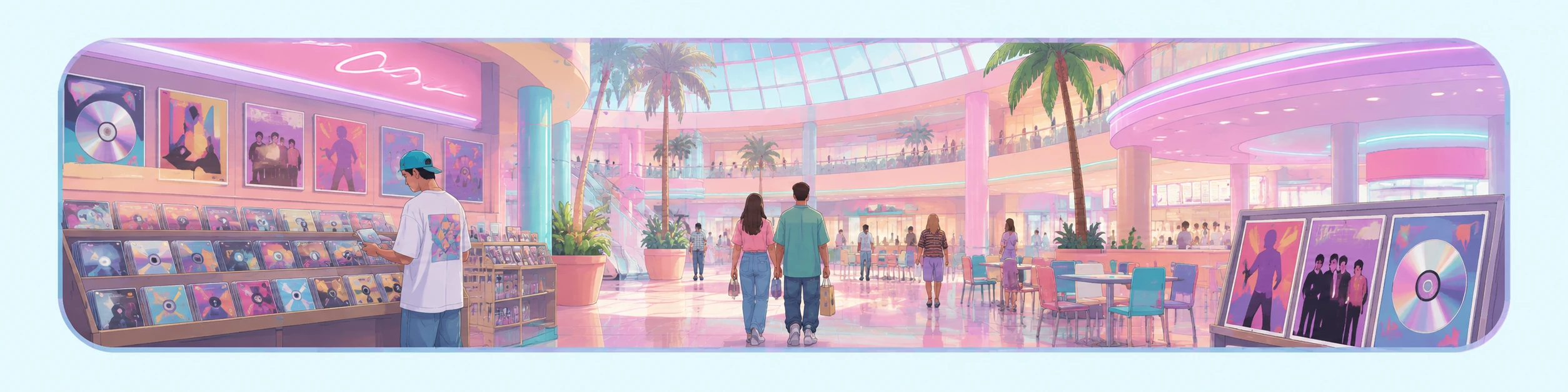 90s mall music store with CD racks, skylights and food court nostalgia