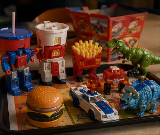 1990s fast-food tray with transforming food-container robots, toy cars and dinosaur figures