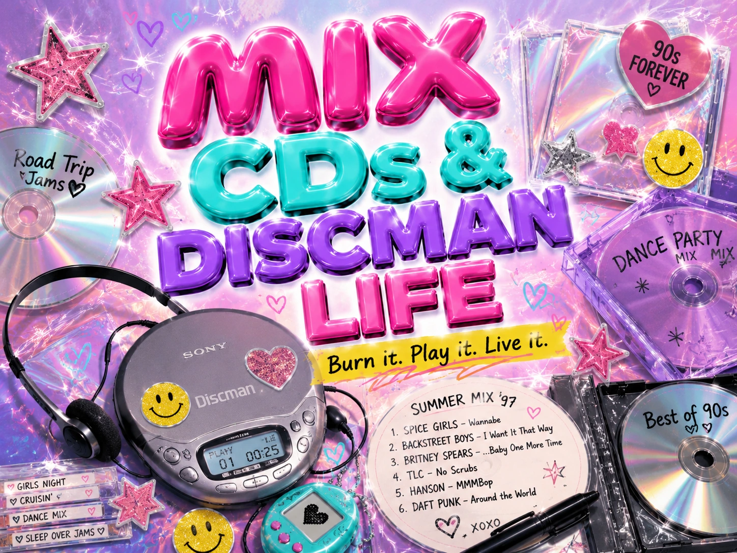 Mix CDs and Discman Life artwork with burned CDs, headphones, jewel cases, handwritten tracklist and 90s stickers