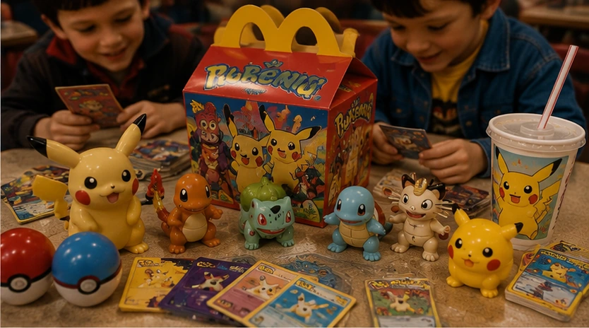 Children comparing colorful pocket-monster-style figures and collectible toys at a late-1990s fast-food table