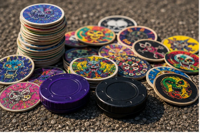 1990s schoolyard Pog game with colorful Pogs and slammers spread across the blacktop