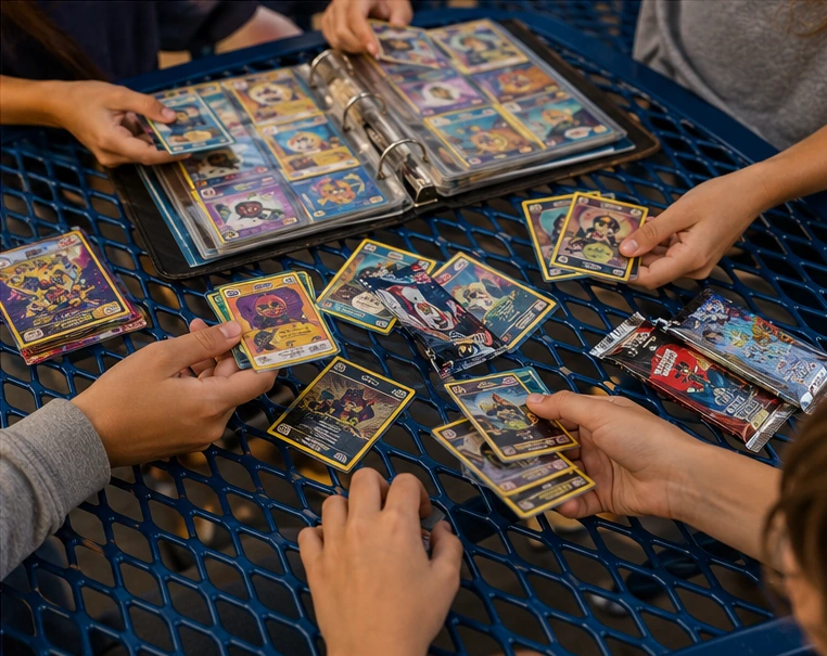 Students trading fantasy creature cards around a school cafeteria table