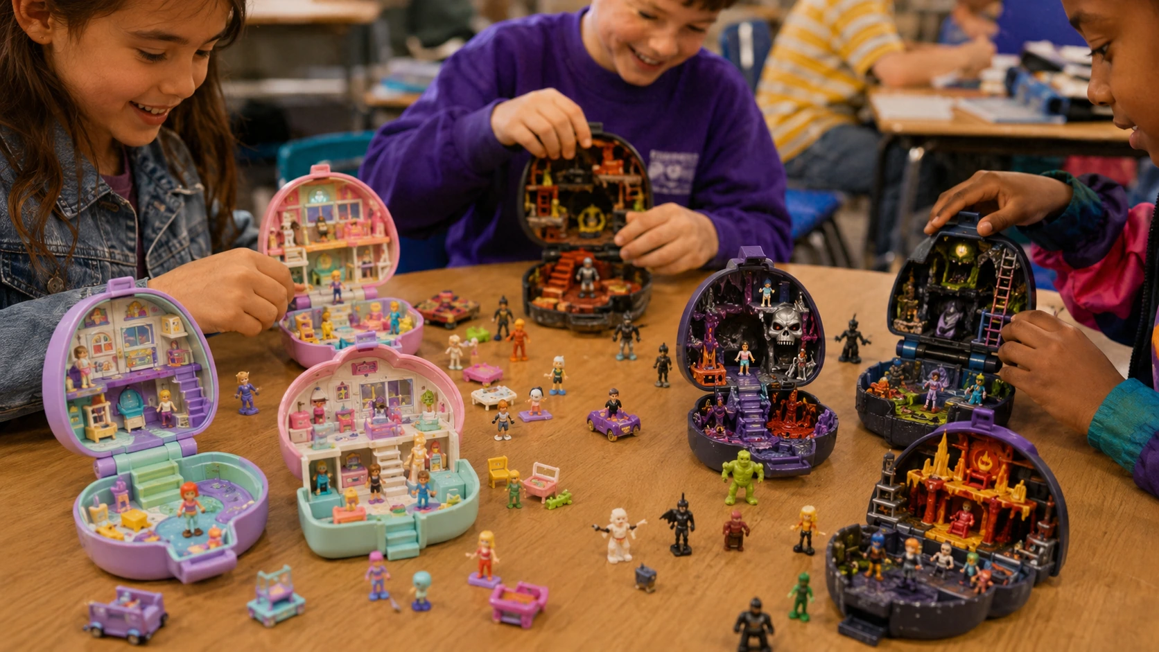Pastel miniature clamshell playsets and darker adventure pocket worlds open on a classroom table