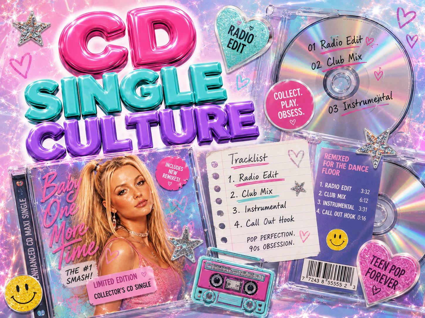 CD Single Culture artwork with jewel cases, radio edit, club mix, instrumental tracklist and glossy 90s pop design