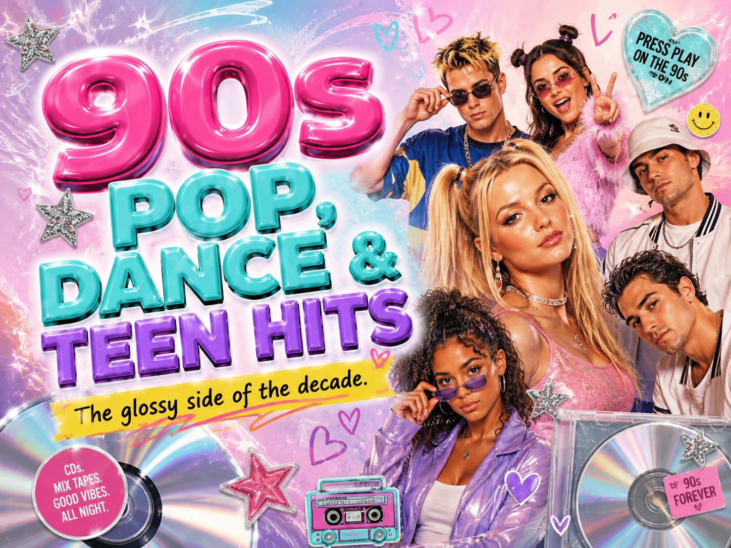 90s Pop, Dance & Teen Hits featured image with glossy bubble letters, CDs, teen-pop collage, TRL-style energy, and pastel neon 90s music nostalgia