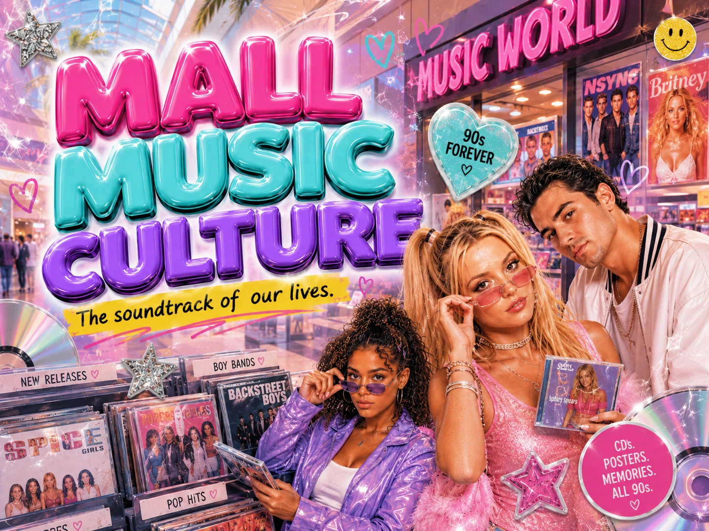 Mall Music Culture artwork with a 90s mall music store, CD racks, pop posters and glossy teen-pop colors