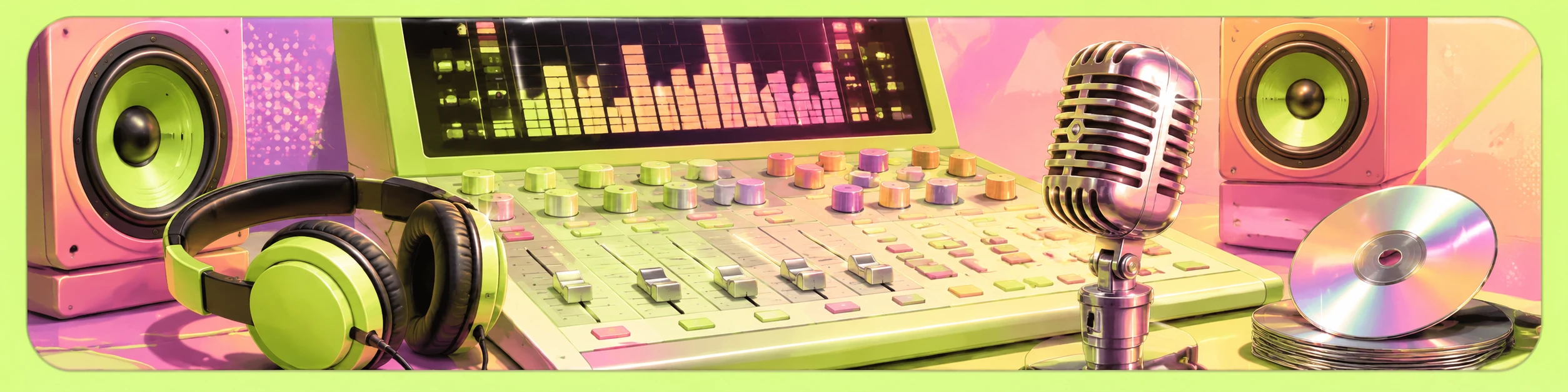 90s pop production studio with mixing console, equalizer lights, headphones and microphone