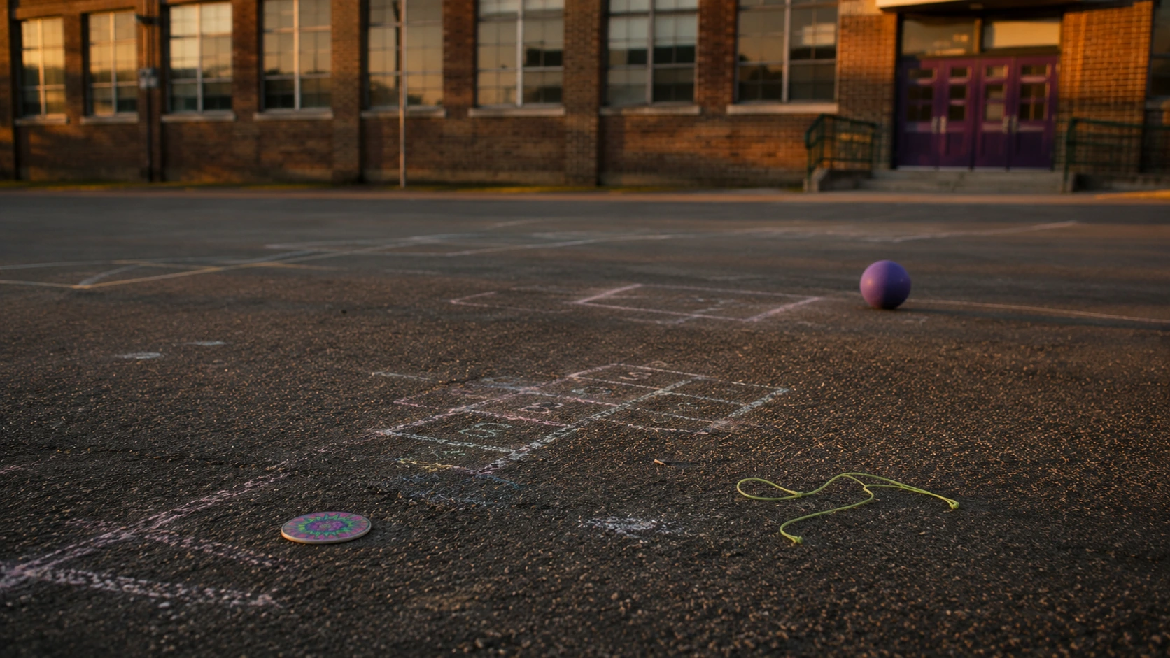 Empty 1990s school blacktop at sunset with chalk marks, a Pog, yo-yo string and a rubber ball left behind
