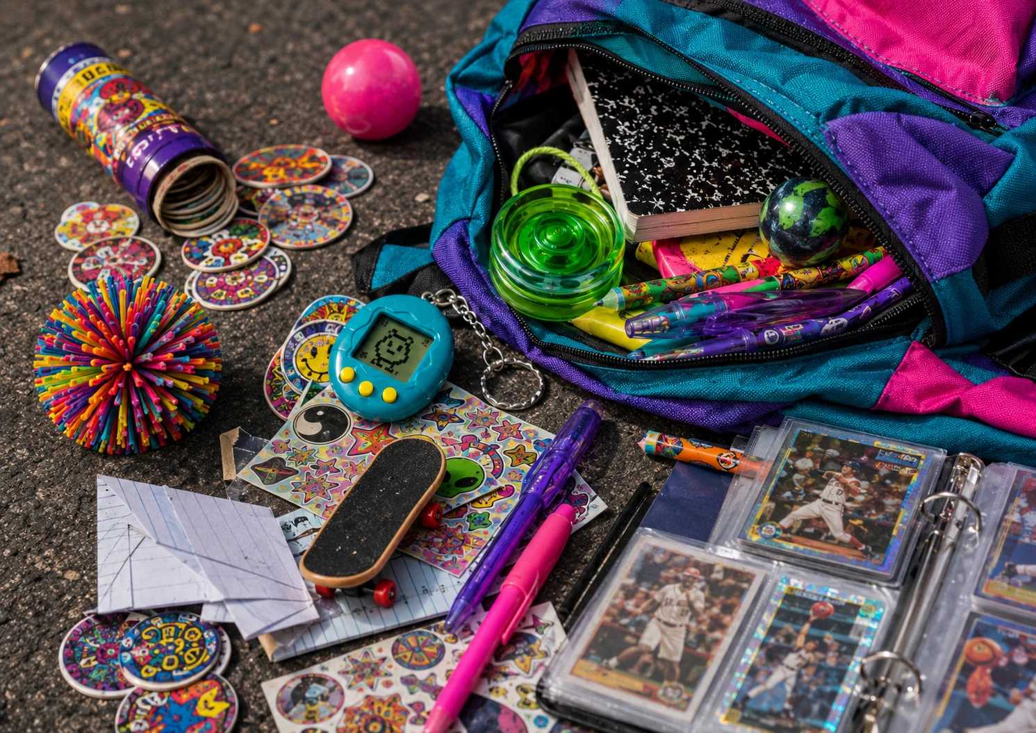 Open 1990s school backpack filled with Pogs, a yo-yo, digital pet, stickers, cards and school supplies