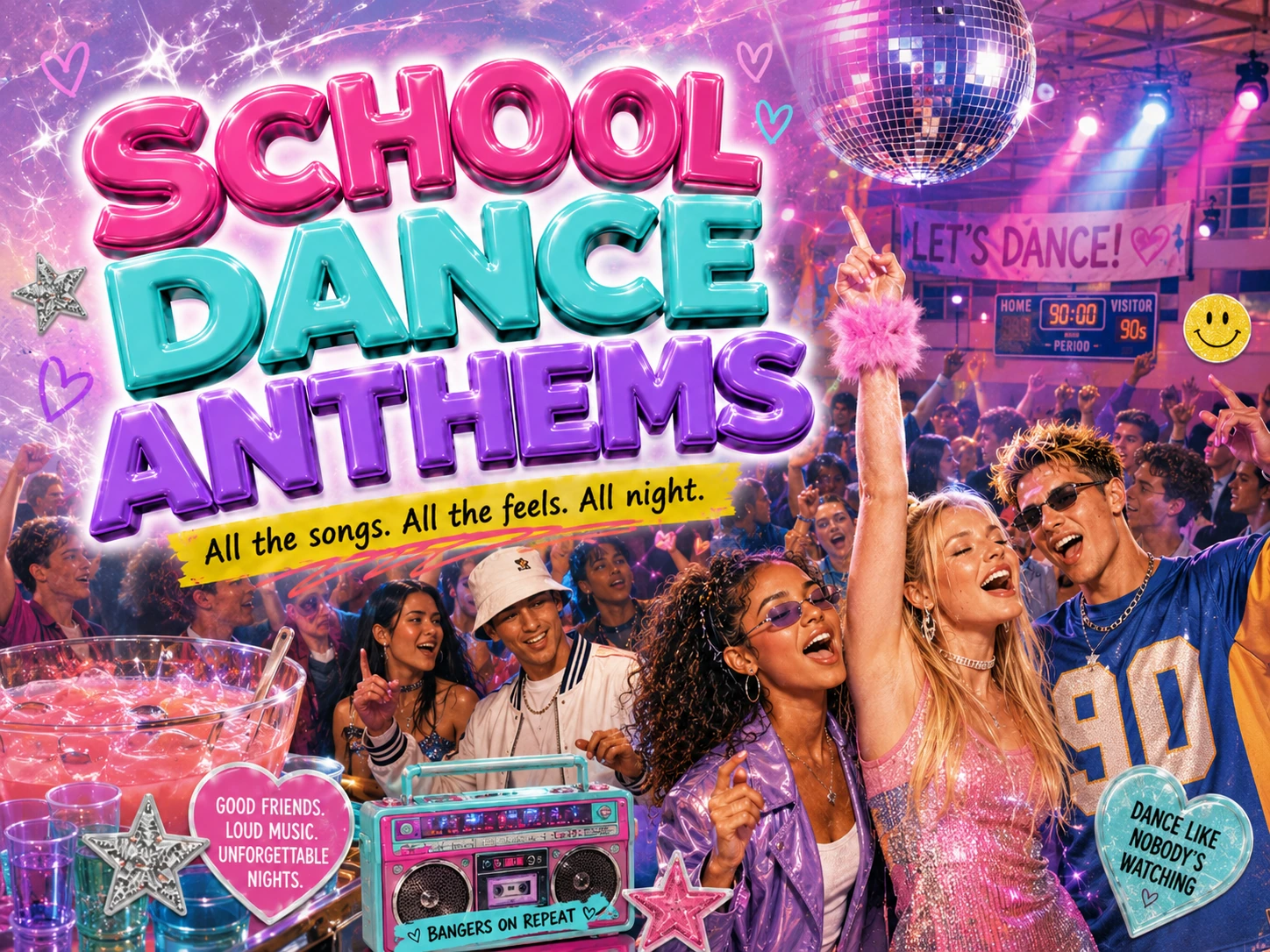 School Dance Anthems section art with disco ball, gym dance crowd, punch bowl, boombox and glossy 90s pop styling