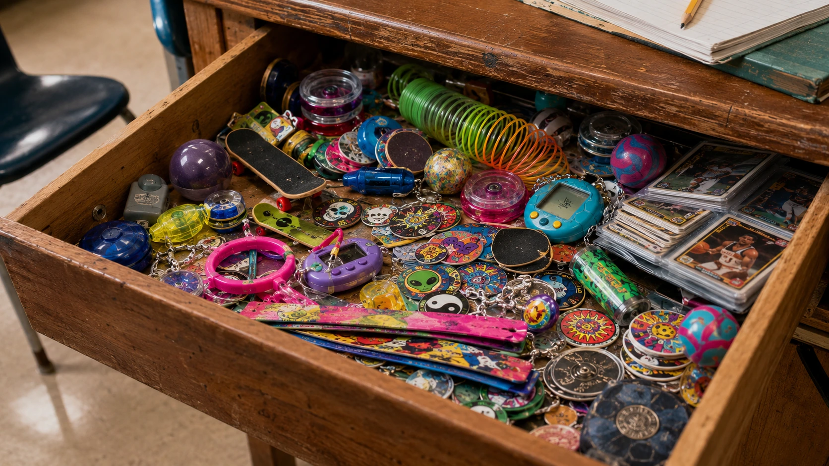 Open teacher desk drawer filled with confiscated 1990s toys including yo-yos, Pogs, cards and digital pets