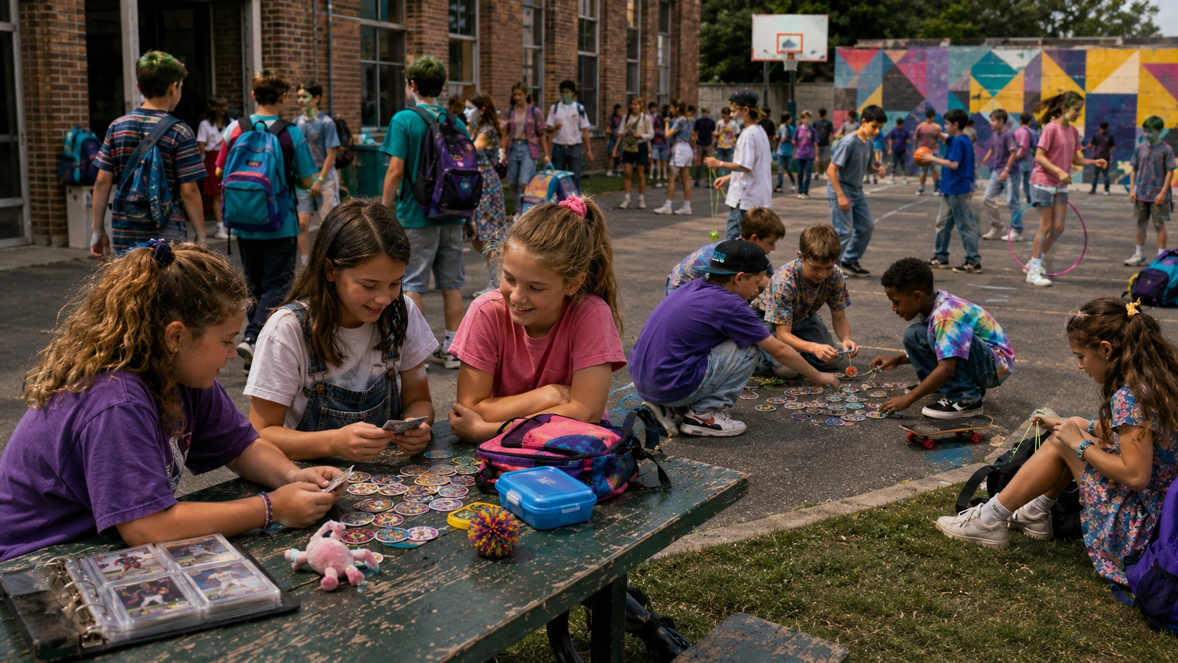 Busy 1990s schoolyard with students trading toys, playing Pogs, using yo-yos and gathering during recess