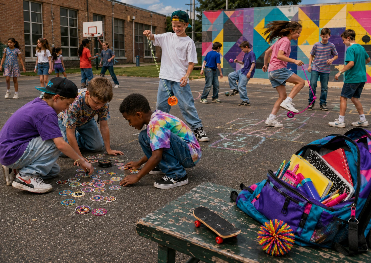 90s schoolyard toys and recess crazes with kids playing Pogs, yo-yos and Skip-It