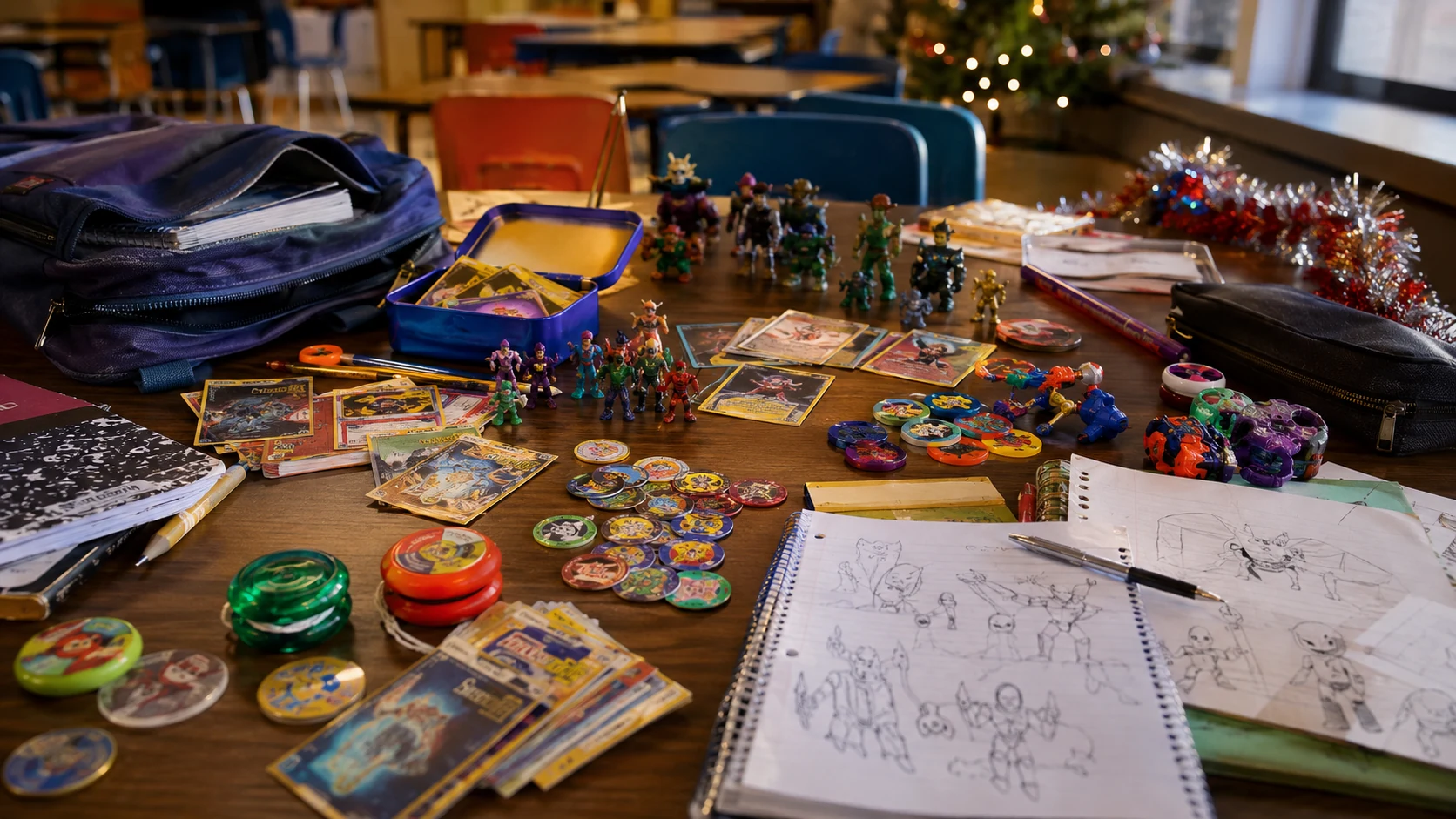 1990s school desk covered with trading cards Pogs mini figures and playground toys
