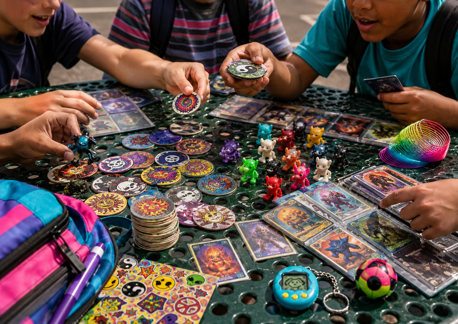 1990s students trading Pogs, cards and small collectible toys at a school lunch table
