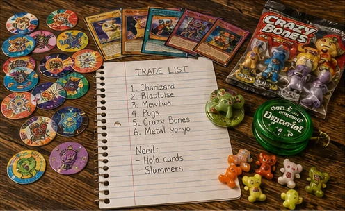 Trading cards Pogs and other 1990s schoolyard toy crazes on a cafeteria table