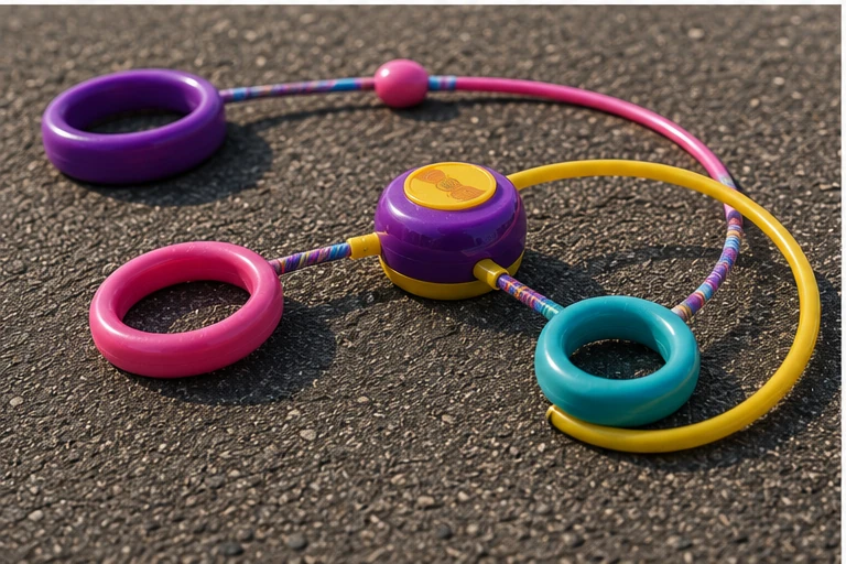 Colorful Skip-It toys on a 1990s school blacktop during recess