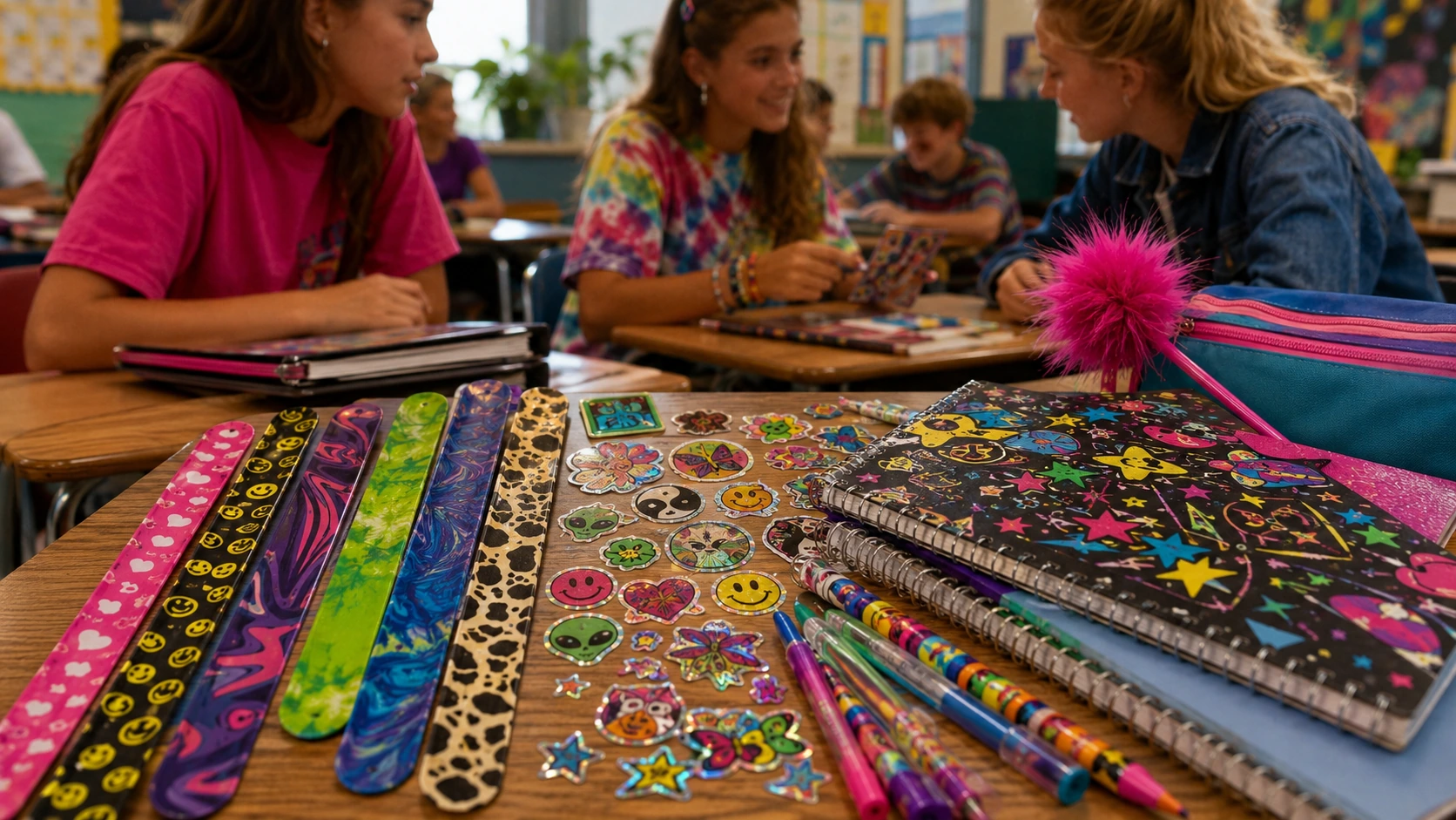 Colorful slap bracelets, holographic stickers and decorated notebooks spread across a 1990s classroom desk