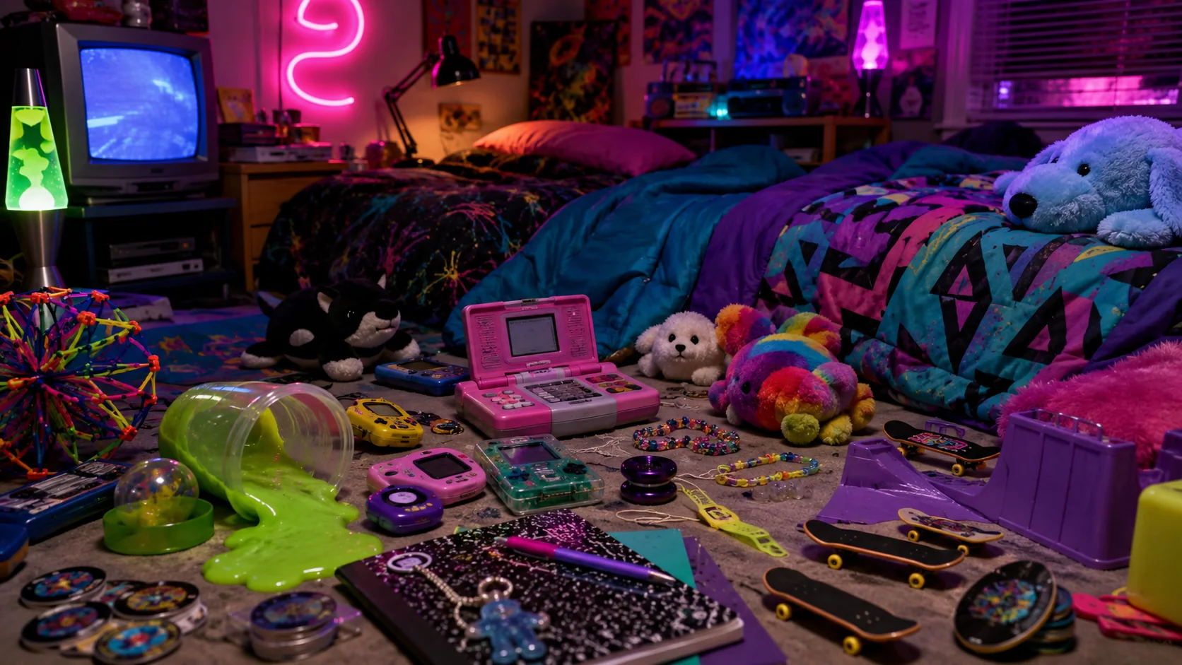 1990s bedroom filled with slime electronic games skill toys and sleepover games
