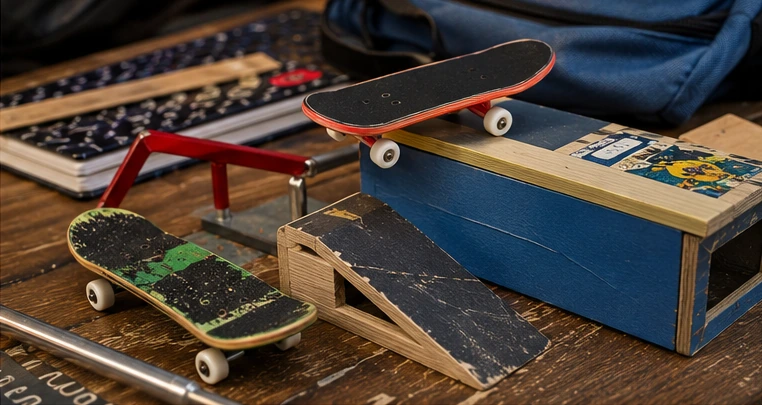 Miniature fingerboards and improvised ramps made from school notebooks and rulers