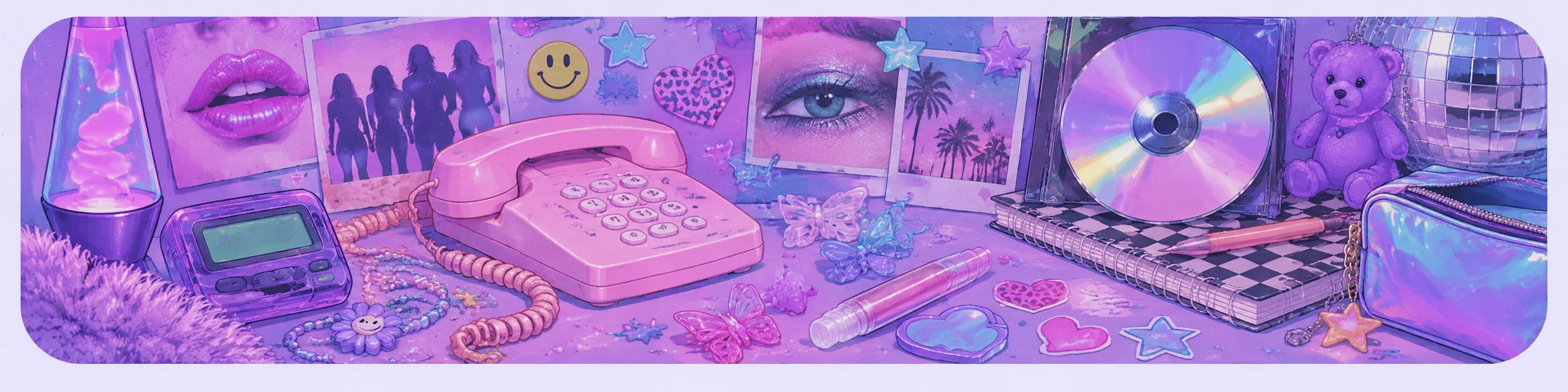 90s teen bedroom culture with posters, landline phone, pager, CD and butterfly clips