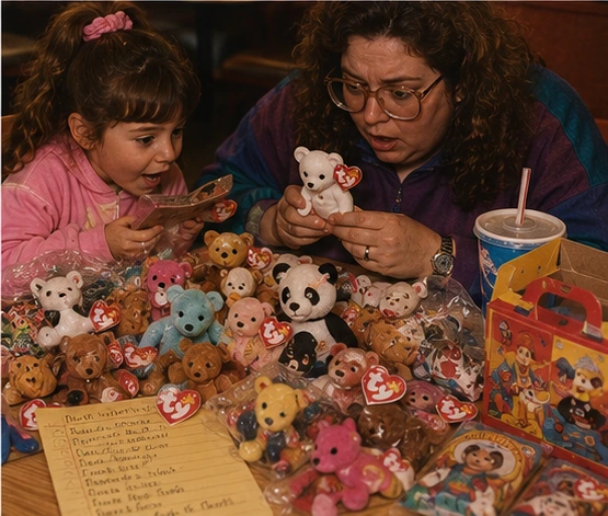 Adult and child sorting small plush collectible animals and duplicate kids-meal toys at a fast-food table