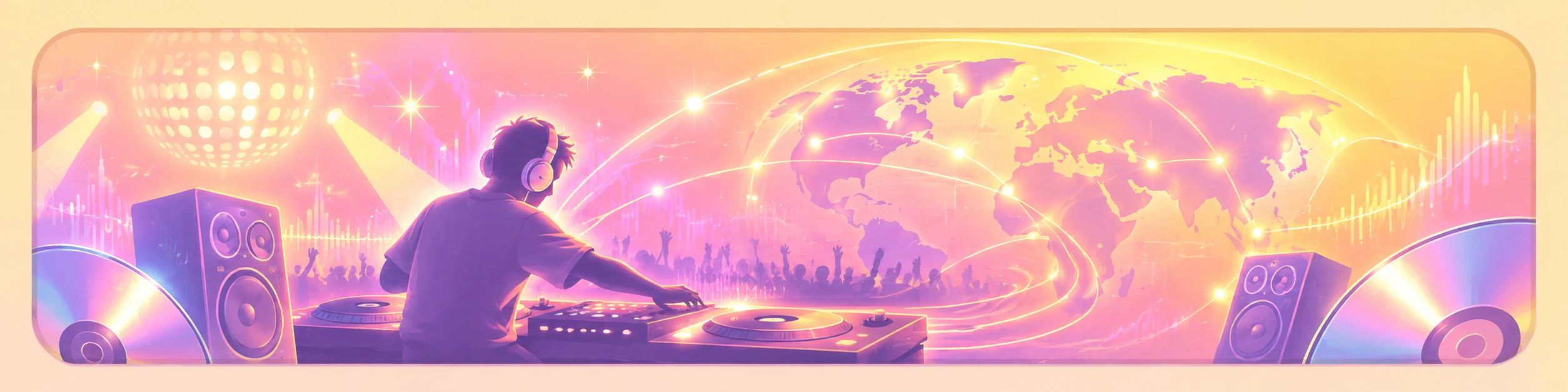 90s global dance pop energy with DJ, speakers, glowing map arcs and club lights