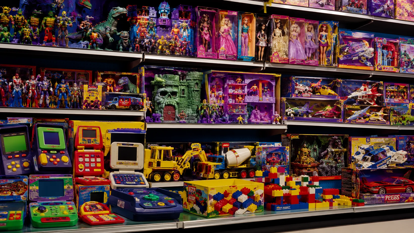 Crowded 1990s toy aisle with action figures dolls games and construction toys
