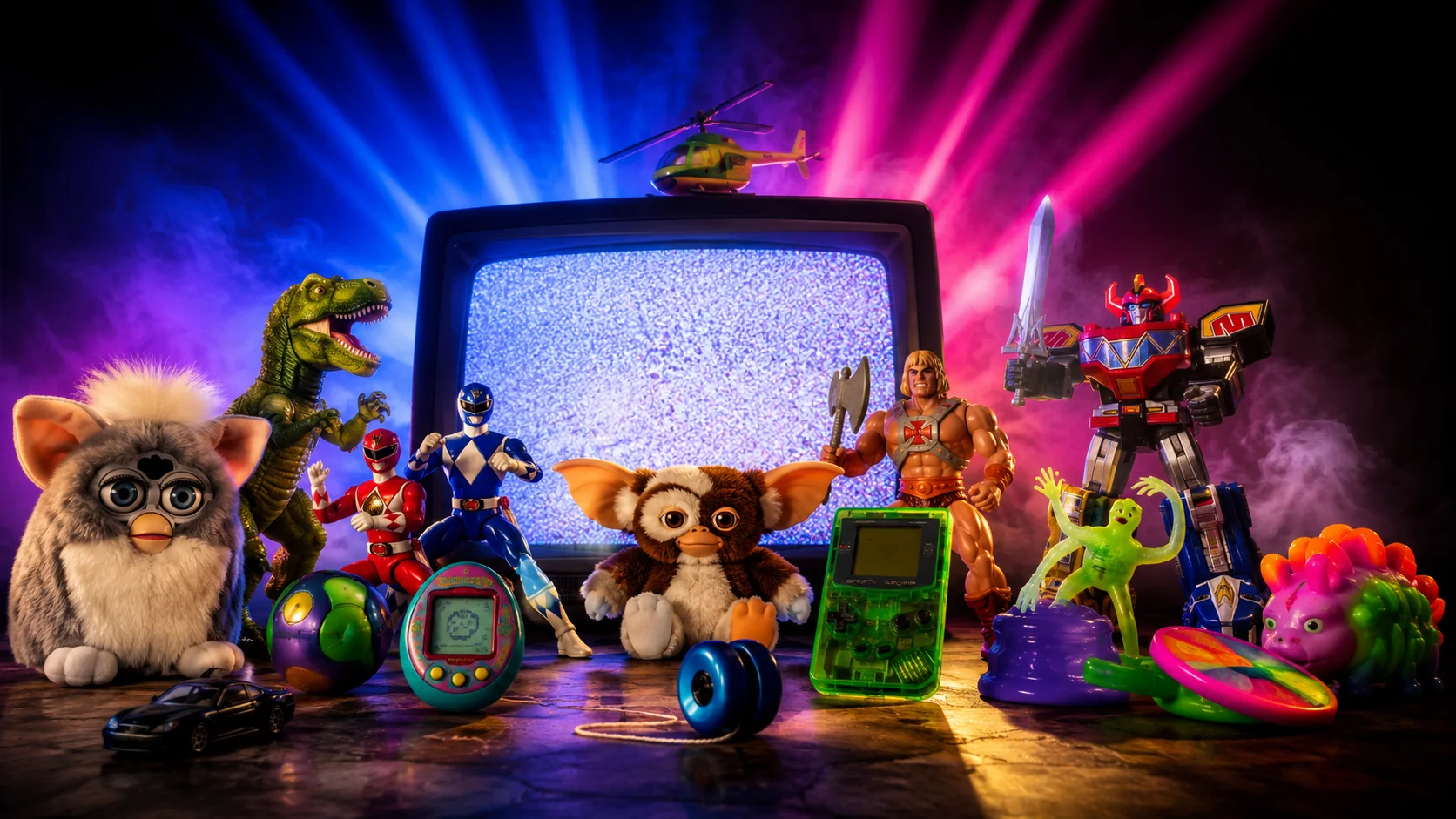 Cult favorite 1990s toys displayed beside a CRT television
