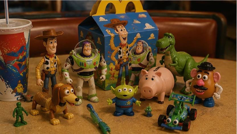 Cowboy, space-adventurer, dinosaur and toy-box-style fast-food figures beside a 1990s kids-meal box