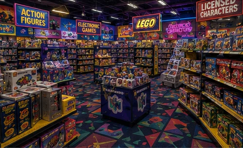Colorful interior of a large toy store during the 1990s