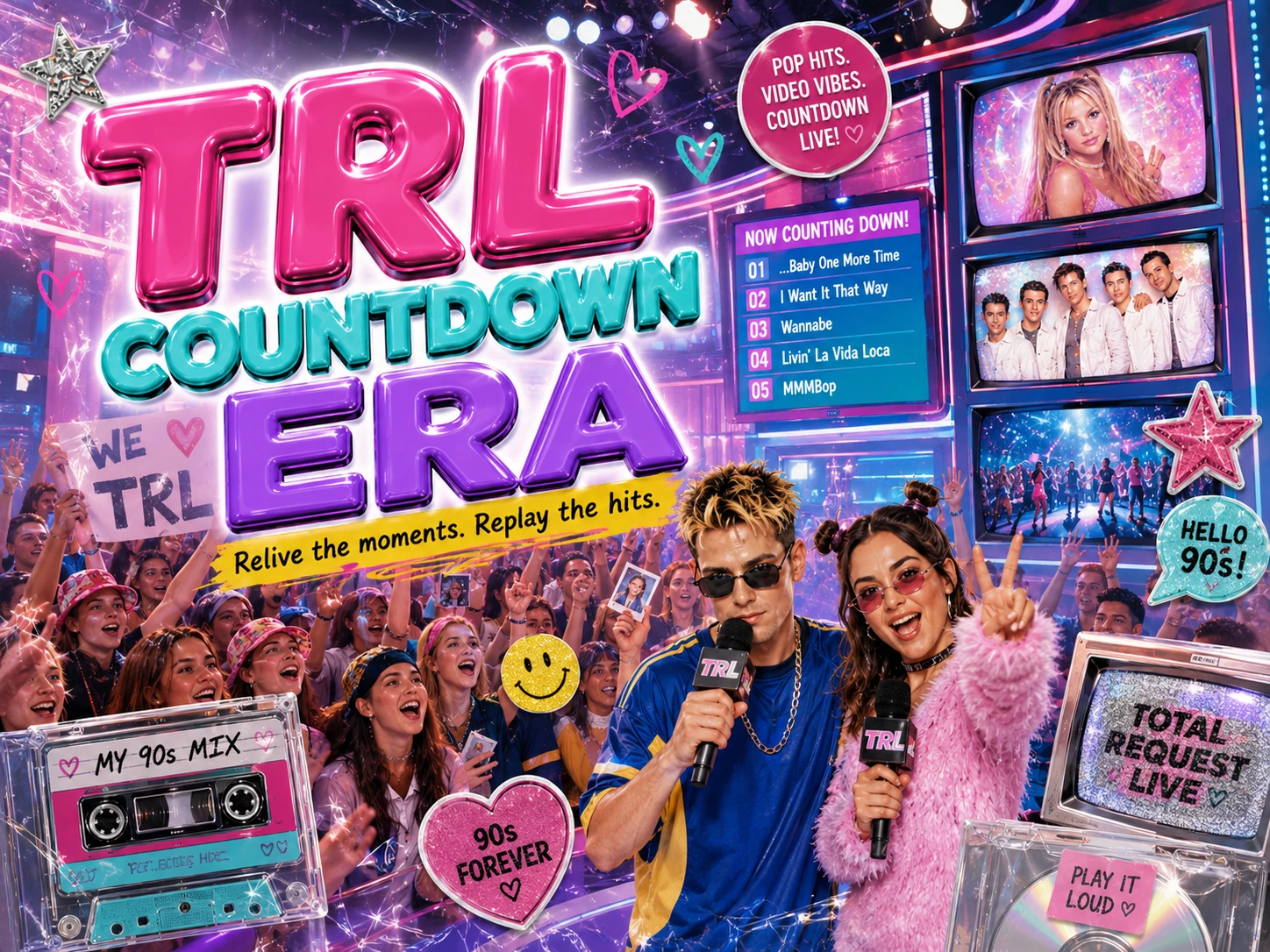 TRL Countdown Era section art with a 90s music countdown show, cheering crowd, pop video screens and glossy neon typography