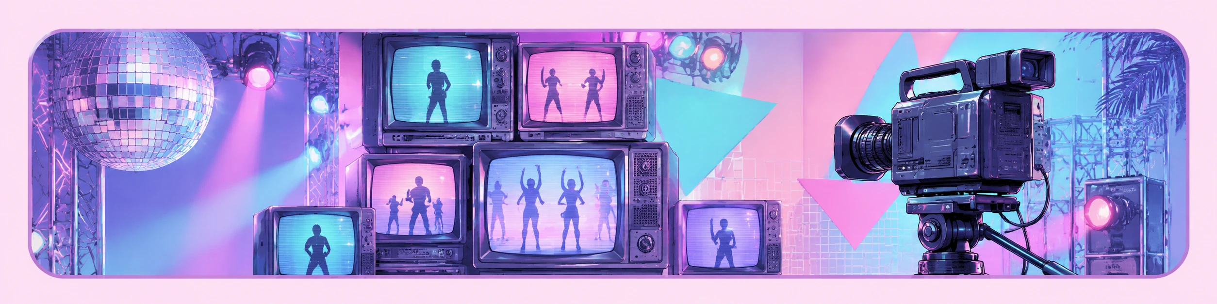 90s music video era with CRT televisions, stage lights and a studio camera