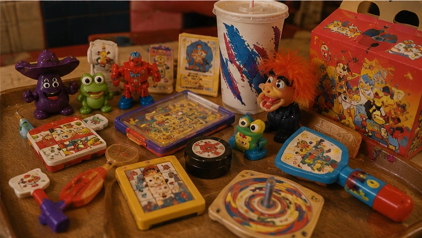 Assortment of strange 1990s fast-food giveaways including puppets, puzzles, cups, games and spinning toys