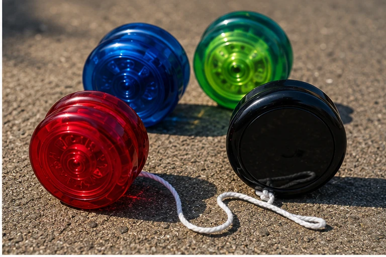 Colorful 1990s yo-yos used during a schoolyard trick craze