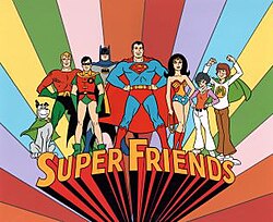 The original Super Friends team, including Superman, Batman, Robin, Wonder Woman and Aquaman