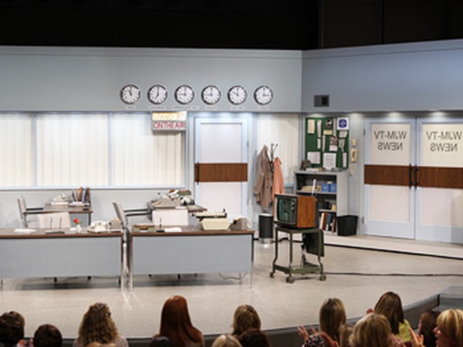Wide view of the WJM newsroom set from The Mary Tyler Moore Show