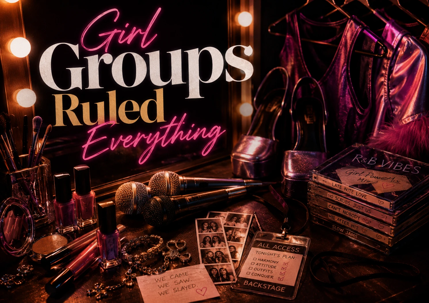 Girl Groups Ruled Everything section image with vanity lights, microphones, matching outfits, lip gloss, backstage pass, and 90s girl group energy