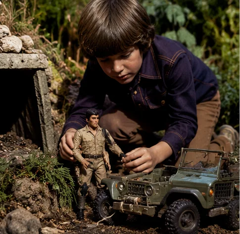 Child playing with an Action Jackson adventure figure, vehicle and mission equipment in a 1970s room