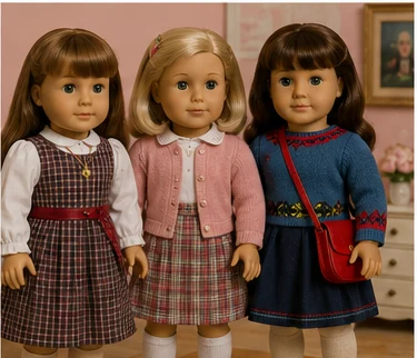 Three historical-style American Girl dolls wearing detailed period-inspired outfits