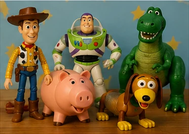 Original 1990s-style animated movie toys including a cowboy, space explorer, dinosaur and pig bank