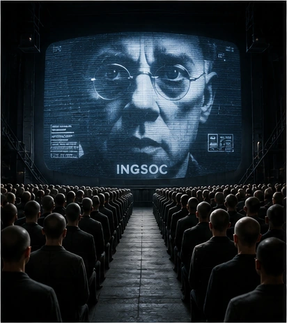 Dystopian auditorium with a giant Big Brother screen inspired by Apple's 1984 commercial