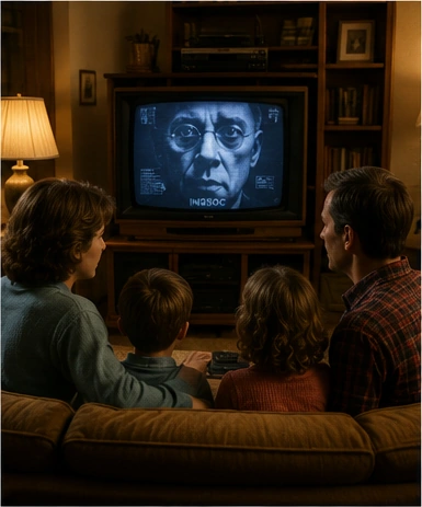 Family watching a dystopian commercial on a CRT television in a 1984 living room