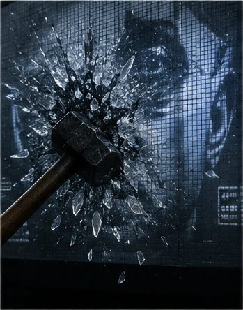 Sledgehammer breaking through a giant video screen inspired by Apple's 1984 commercial