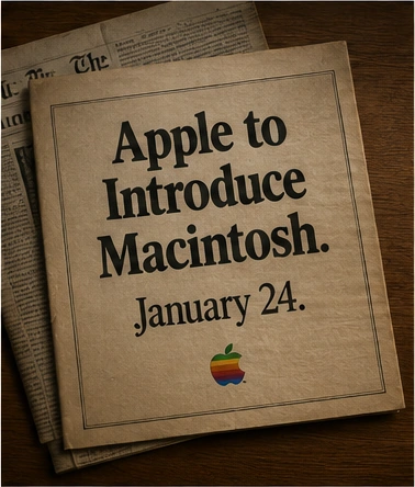 Vintage newspaper-style Macintosh introduction advertisement dated January 24