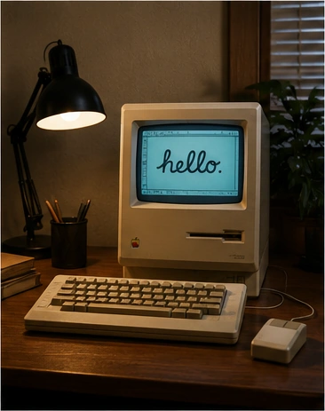 Original Macintosh computer on a home office desk with keyboard, mouse and floppy disks