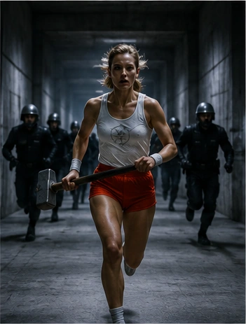 Athletic woman carrying a sledgehammer through an industrial corridor inspired by Apple's 1984 commercial