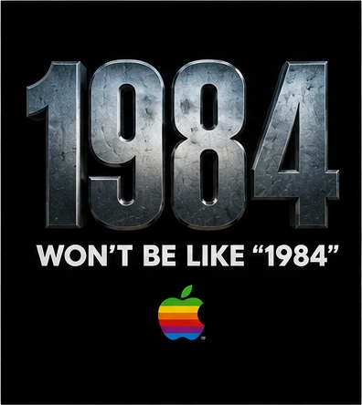 Retro Apple-inspired 1984 graphic with the phrase that 1984 will not be like Orwell's 1984
