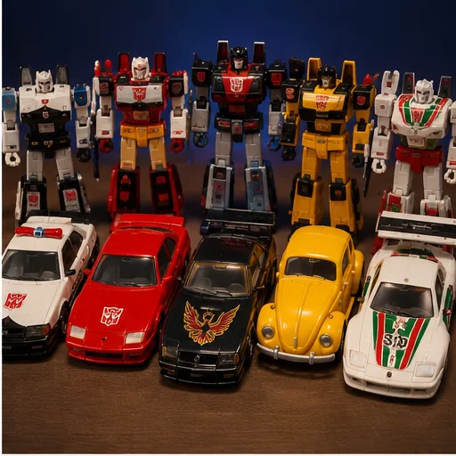 Lineup of colorful 1980s sports cars, police cars, vans, compact vehicles, and their matching heroic transforming robot forms.